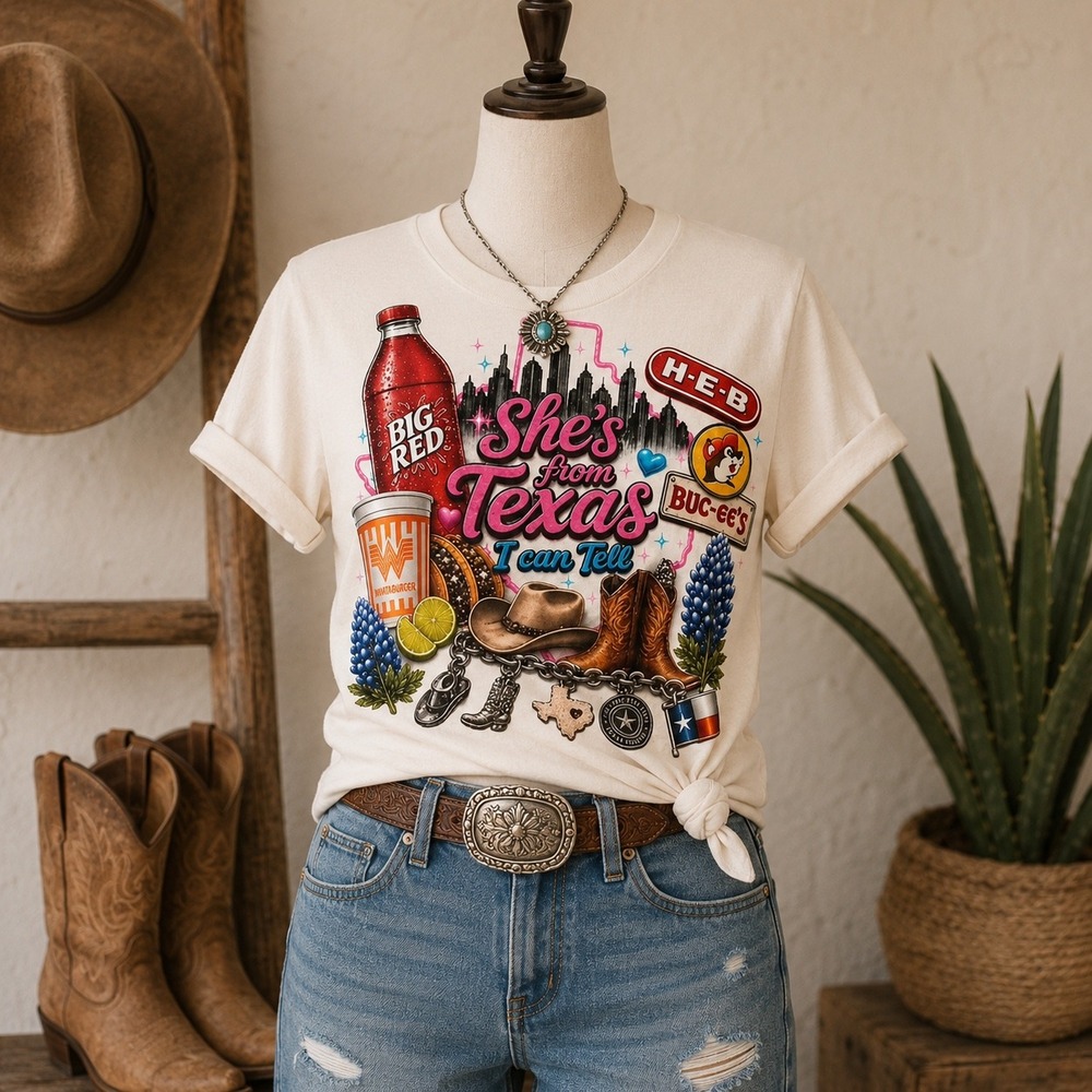 Canvas Shes From Tx I Can Tell Graphic Tee Cream Buc-ees Whataburger HEB Shirt